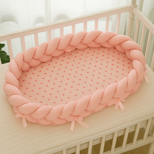 Réducteur de Lit Tressé│Nattou™ rose avec petits cœurs, installé dans un berceau blanc pour chambre de bébé cocooning.
