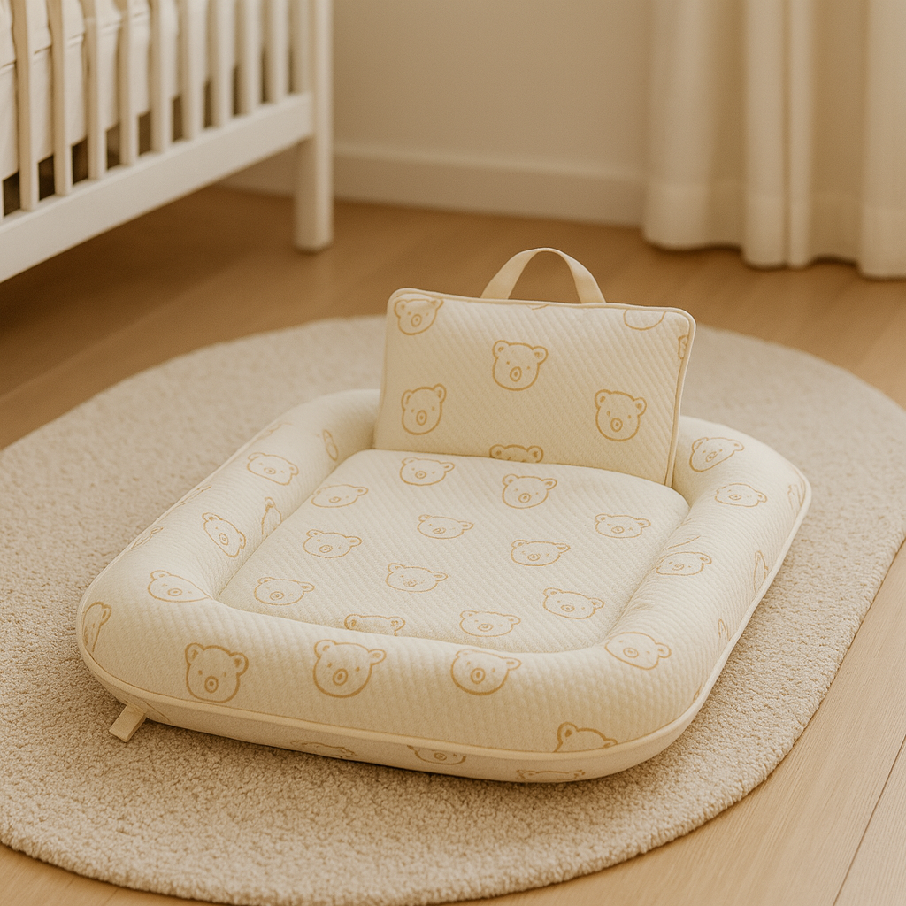 Réducteur de lit beige ourson posé sur un tapis dans une chambre bébé, montrant en gros plan les détails et motifs oursons du modèle.