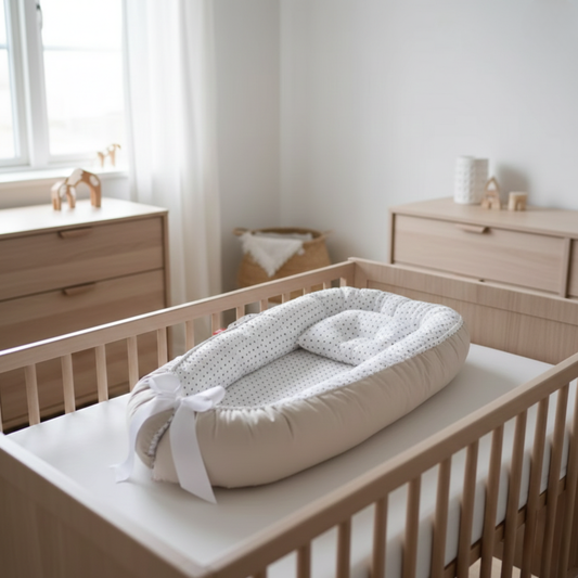 Réducteur de lit bébé beige et blanc installé dans un berceau en bois clair, chambre scandinave lumineuse.