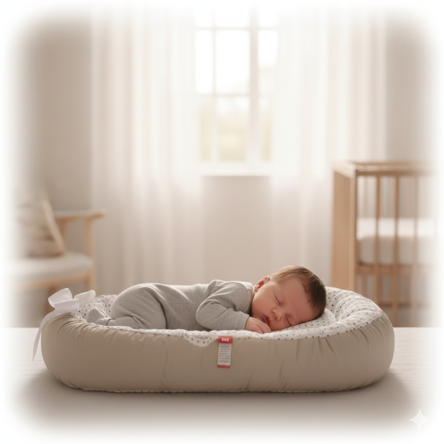 Bébé endormi dans un réducteur de lit beige et blanc DottyNid, dans une chambre lumineuse au style scandinave.