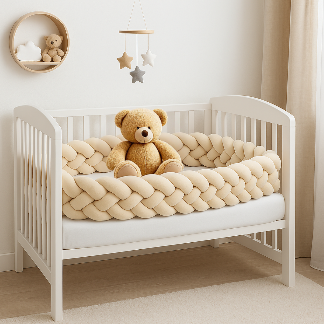Chambre de bébé scandinave avec le tour de lit trese -Fleur de Sable™ en 4 brins, ambiance douce et chaleureuse.