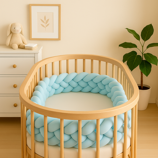 Berceau rond en bois clair avec tresse de lit bébé 4 brins bleu ciel installée tout autour, dans une chambre scandinave lumineuse avec commode blanche, peluche lapin et plante verte, ambiance douce et naturelle.