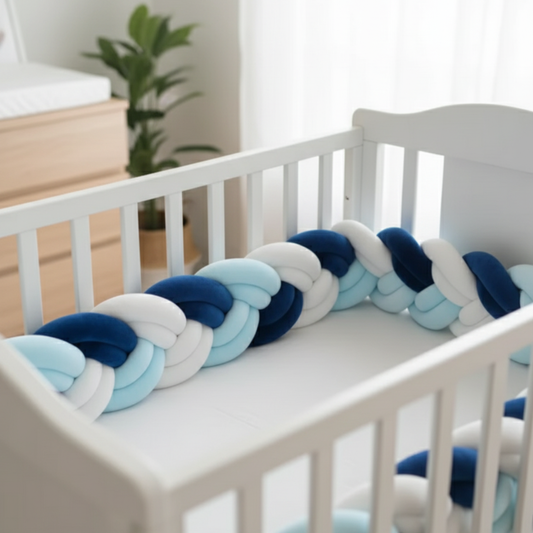 Tresse de lit bébé 6 brins bleu ciel, blanc et bleu marine OceanDream™ installée dans un berceau blanc, dans une chambre scandinave lumineuse au décor naturel et apaisant.