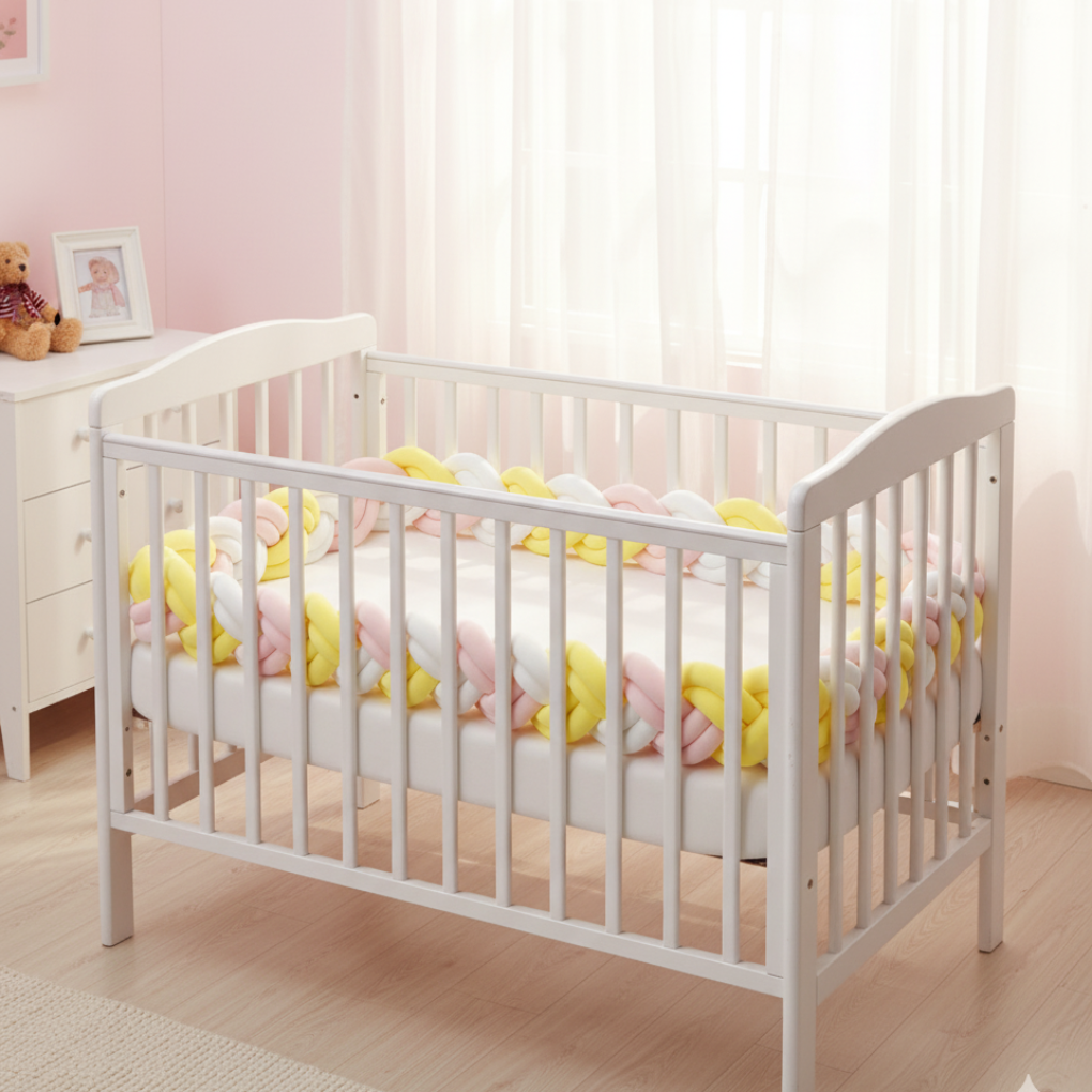 Tresse de lit bébé 6 brins jaune, rose et blanc - Pastelia™ installée dans un berceau blanc, créant un cocon pastel doux et sécurisant dans une chambre lumineuse.