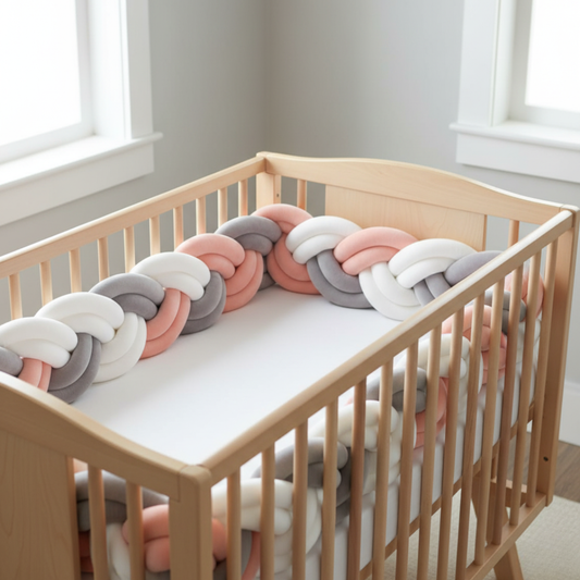 resse de lit bébé 6 brins SunnySoft™ orange, gris et blanc installée dans un berceau en bois clair, créant une ambiance douce et lumineuse dans la chambre de bébé.