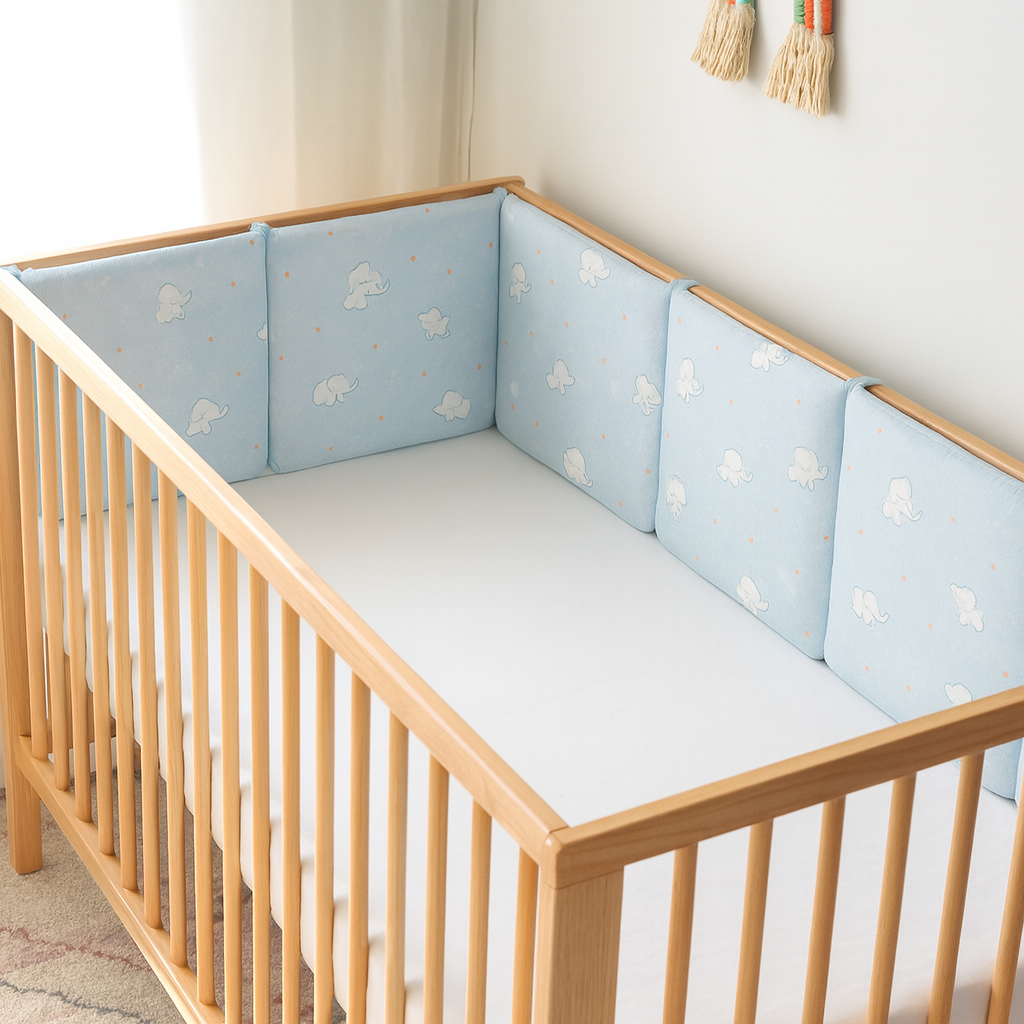 Berceau en bois clair avec tour de lit bleu à motifs d’éléphants blancs, installé dans une chambre lumineuse au style doux et épuré.