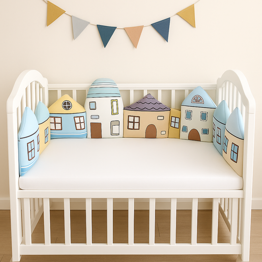 our de lit bébé motif dessin animé MaisonnettesMagiques™ installé dans un berceau blanc, composé coussins en forme de petites maisons colorées, créant une protection douce et décorative.