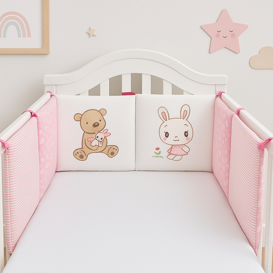 Tour de lit bébé rose et blanc Lapinours™ installé dans un berceau blanc, avec décor mural scandinave pastel, ourson et lapin brodés pour une chambre douce et sécurisée.
