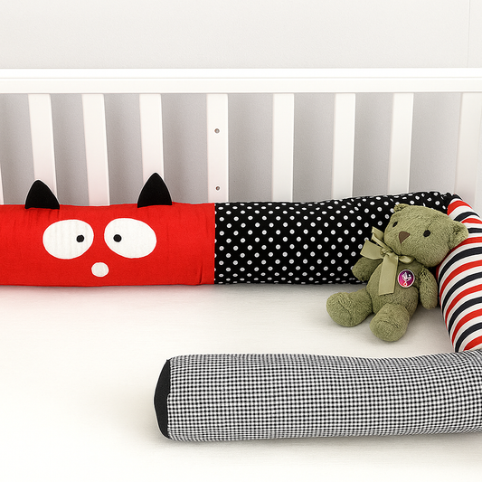 Tour de Lit Noir et Rouge - Dago™ installé dans un lit bébé blanc, avec motif ludique et peluche verte pour une chambre enfant originale.