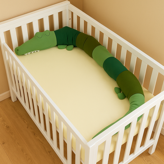 Tour de Lit Respirant Vert CrocodileRêveur™ installé dans un berceau blanc style scandinave, protection et design ludique pour bébé"