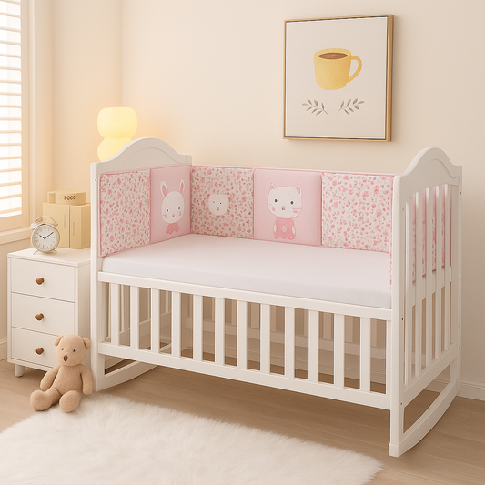 Tour de lit bebe rose avec motif lapin installé dans un berceau, ambiance douce et apaisante.