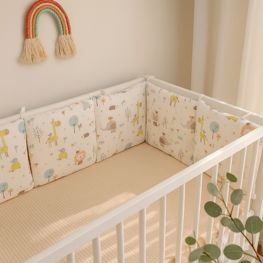 Tour de lit bébé avec motifs animaux et arbres dans un berceau blanc, décoré d’un arc-en-ciel mural en corde, ambiance douce et lumineuse.