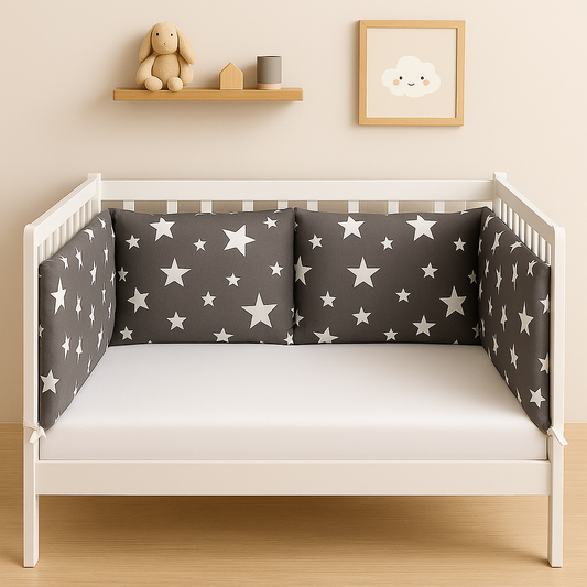 Chambre bébé scandinave avec lit blanc et tour de lit gris étoile, décorée d’une petite étagère murale et d’un tableau minimaliste.