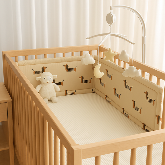 Tour de lit bébé chien beige installé dans un berceau rectangulaire fermé – sécurité et douceur pour le sommeil de bébé