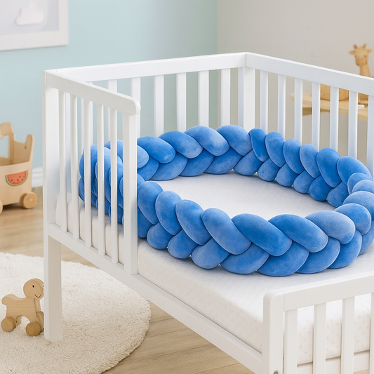 Tresse Lit 3 Brins Bleu Indigo│Cocon Bleu™ installée dans un berceau blanc scandinave, créant un cocon sécurisé et esthétique pour le sommeil de bébé.