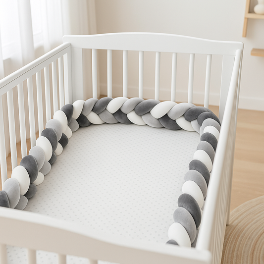 Tresse Lit 3 Brins Gris et Blanc│Cocon Scandinave™ installée dans un berceau fermé en bois blanc, décor scandinave lumineux et apaisant, sans bébé.