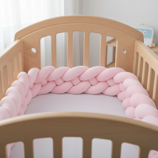Tresse de lit bébé 4 brins rose pastel installée dans un berceau en bois clair, protection douce et sécurisante pour le sommeil de bébé.