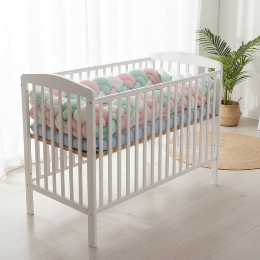 Berceau blanc lumineux décoré de la tresse de lit bébé 6 brins MintyDream™ rose, vert et blanc, créant une protection moelleuse et un cocon pastel apaisant.