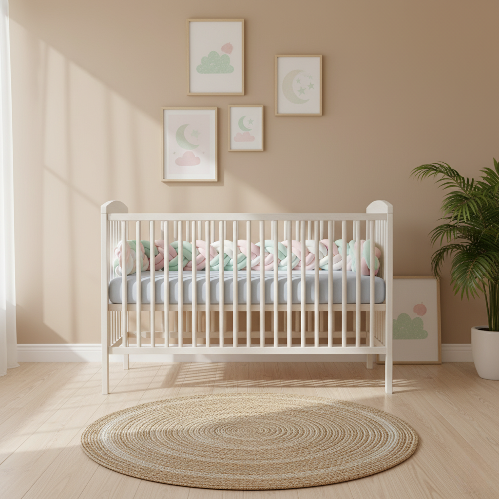 Chambre de bébé lumineuse au style scandinave, avec un berceau blanc décoré de la tresse de lit bébé 6 brins MintyDream™ rose, vert et blanc, créant une ambiance douce et apaisante.