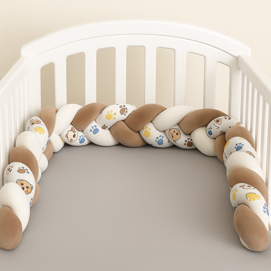 Tresse de lit bébé marron et beige PatDours™ avec motifs pattes d’ours, installée dans un berceau blanc à barreaux, style scandinave lumineux"