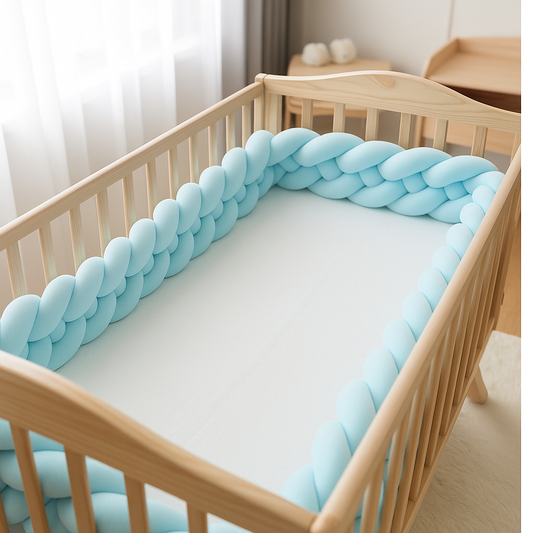 Berceau en bois clair équipé de la tresse de lit 4 brins bleu ciel AzuraDream™, créant un cocon doux et sécurisant pour bébé.