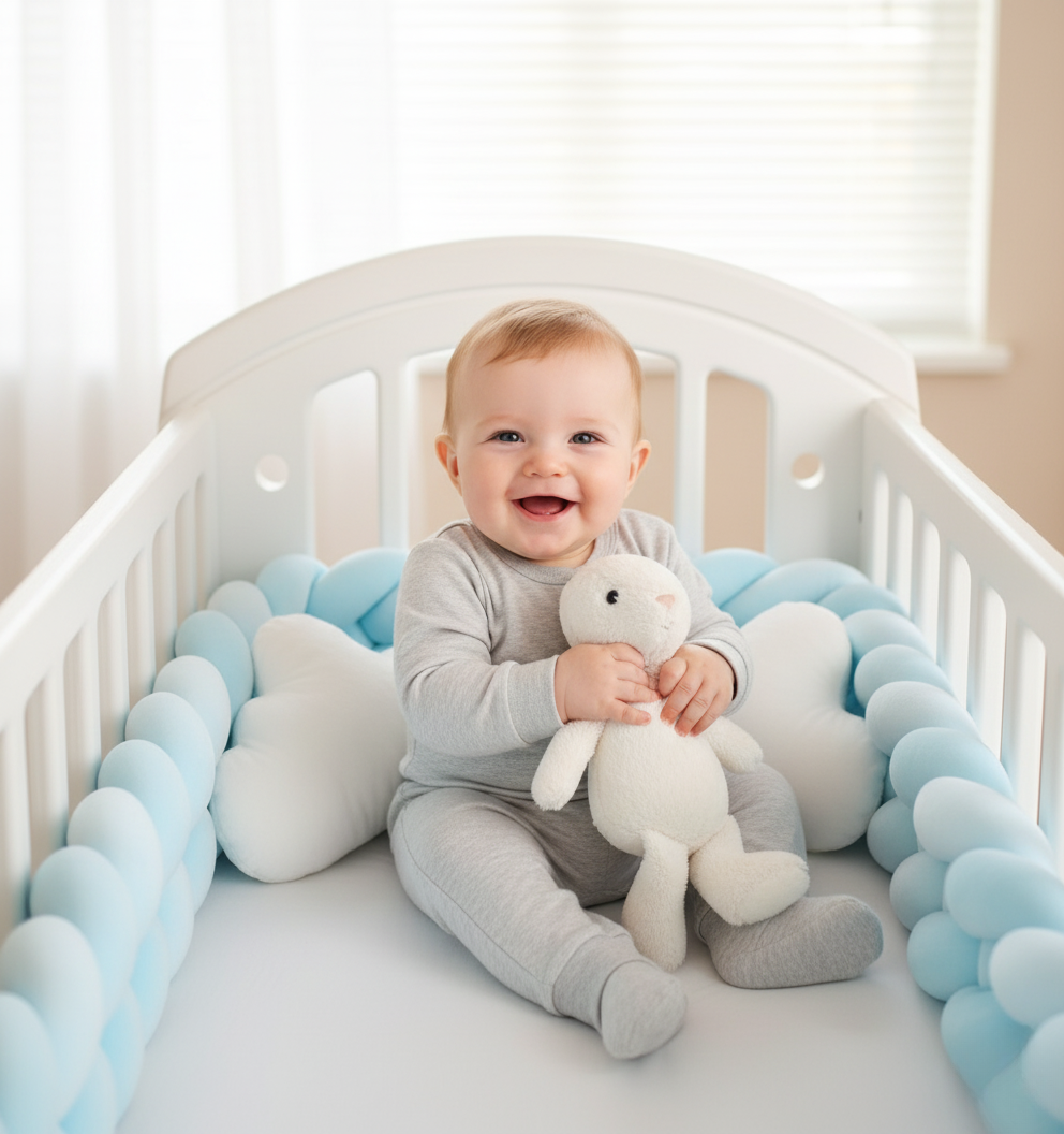 Bébé souriant assis dans un berceau blanc entouré de la tresse de lit 4 brins bleu ciel AzuraDream™, tenant une peluche blanche dans une chambre lumineuse.