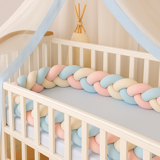 Tresse de lit bébé rose, blanc et bleu installée dans un berceau blanc avec ciel de lit et coussin gris à étoiles, créant une ambiance douce et cosy.