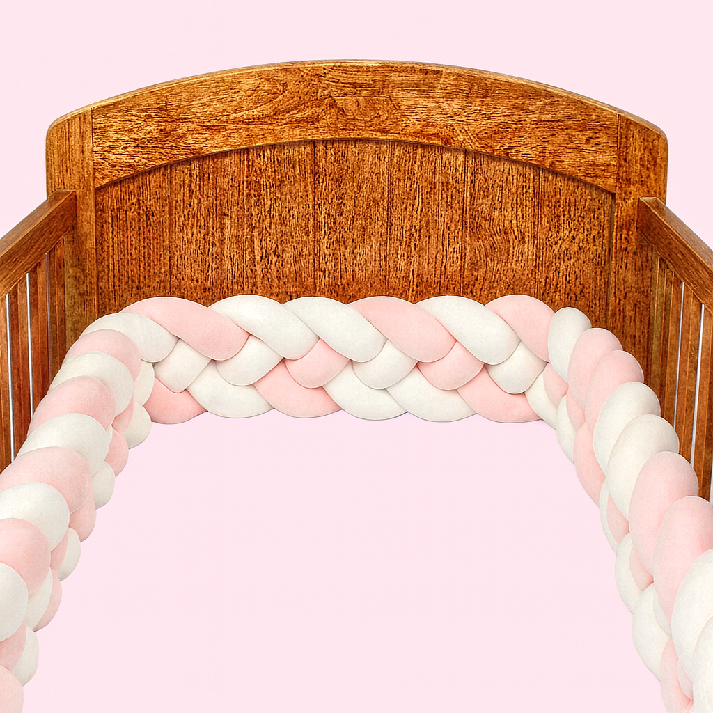 Tresse de lit bébé 4 brins rose et blanc installée dans un berceau en bois clair sur fond pastel rose poudré, ambiance douce et scandinave, lumière naturelle mettant en valeur la sécurité et l’élégance du berceau.