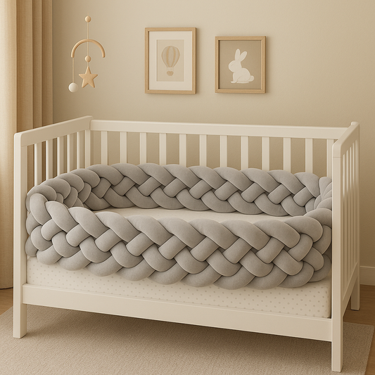Chambre bébé scandinave avec berceau blanc et tresse de lit bébé 4 brins gris │DouceBrume™, offrant sécurité et douceur.
