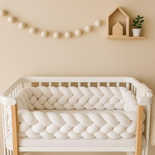 Tresse de lit bébé 4 brins blanc pur installée dans un berceau scandinave devant un mur beige décoré d’une guirlande en laine et d’une étagère en bois.