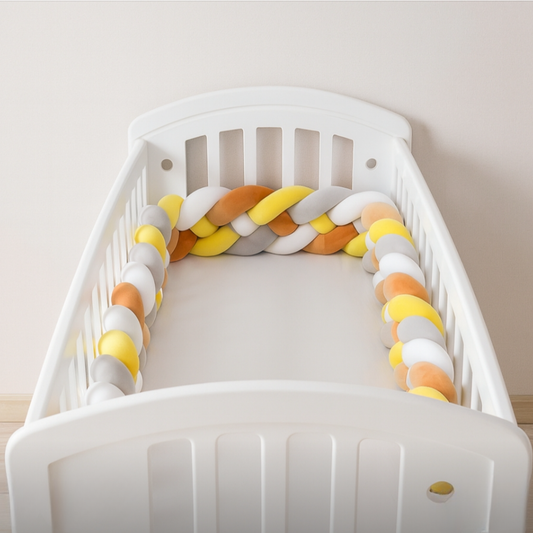 Tresse_de_lit_bebe_4_brins_jaune_blanc_gris_et_marron_LineaDouce_installee_dans_un_berceau_blanc_dans_une_chambre_scandinave_lumineuse_au_mur_beige_clair_ambiance_douce_et_apaisante