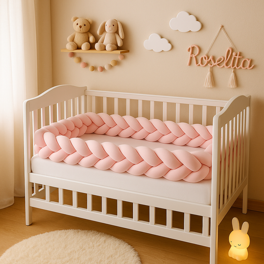 Tresse de lit bébé rose Roselita™ installée dans un berceau blanc, décoration chambre fille douce et chaleureuse.