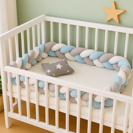 Tresse de lit bébé bleu, gris blanc installée dans un berceau fermé blanc avec coussin étoilé, décoration chambre bébé scandinave.