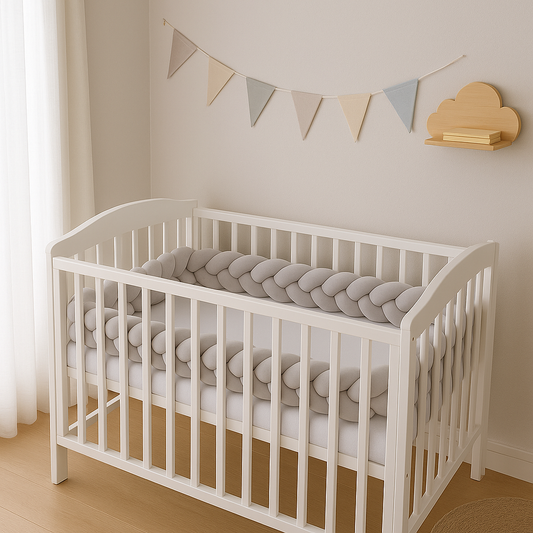 Tresse de lit bébé gris clair dans berceau blanc scandinave, chambre douce aux tons pastel et déco épurée
