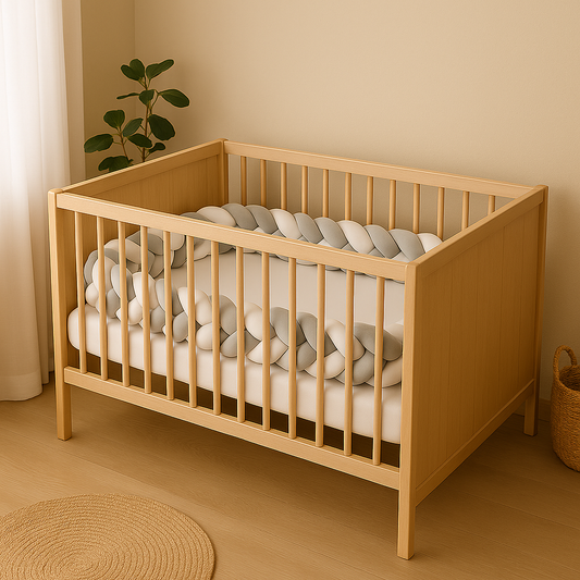  Tresse de lit bebe blanc et gris 4m installée en tour complet dans un berceau bois clair fermé, ambiance douce et sécurisée