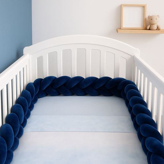 Tresse de lit bleu marine TressouMarine™ installée dans un berceau blanc au style naturel