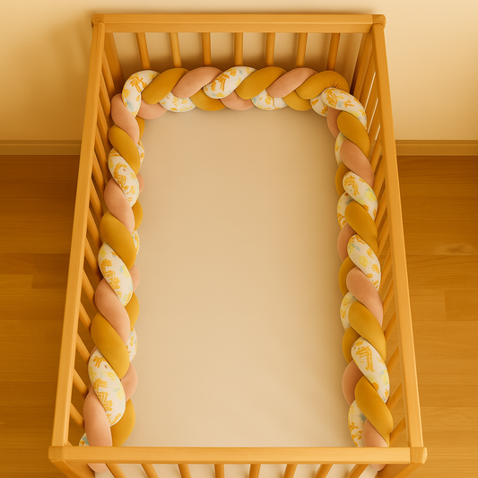Tresse de lit bébé 3 brins moutarde girafe rose installée en U dans un berceau bois clair, vue plongeante