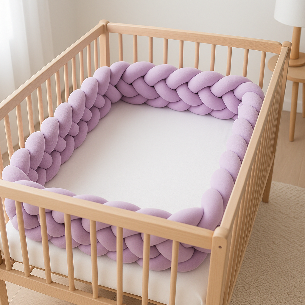 Tresse de lit bebe parme installée sur les quatre côtés d’un berceau en bois clair, vue plongeante scandinave.