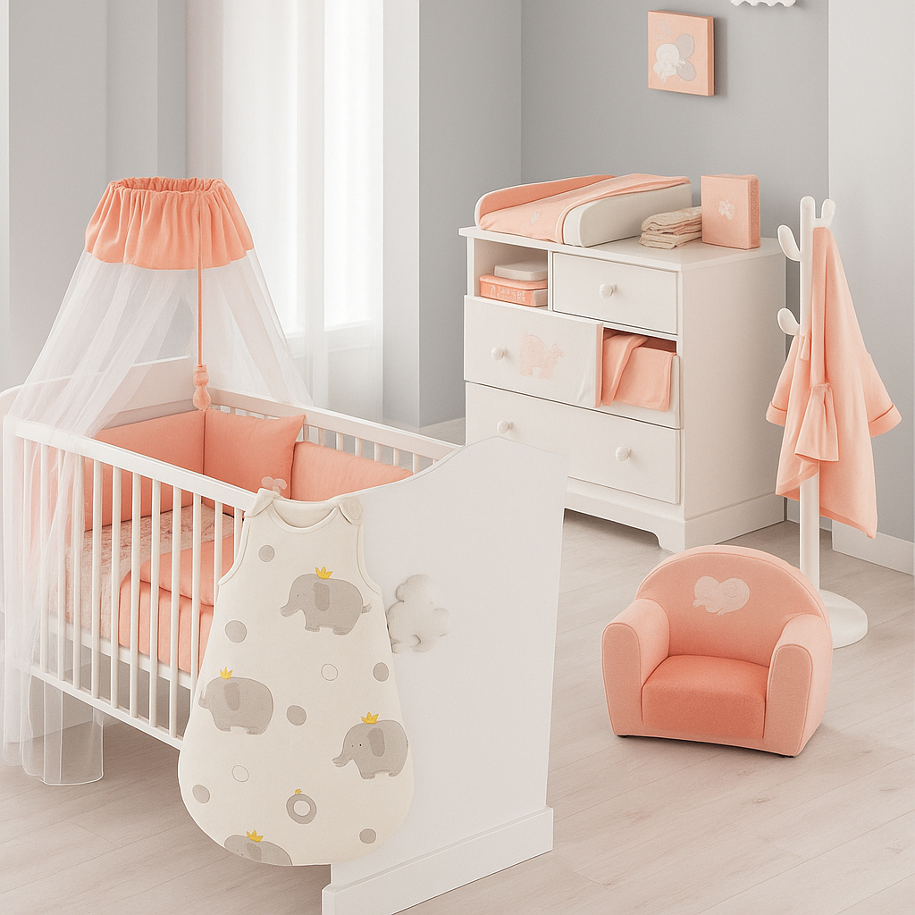 Présentation Turbulette en Coton Biologique - TendresRêves™ éléphant gris dans une chambre d'enfanr saumon 