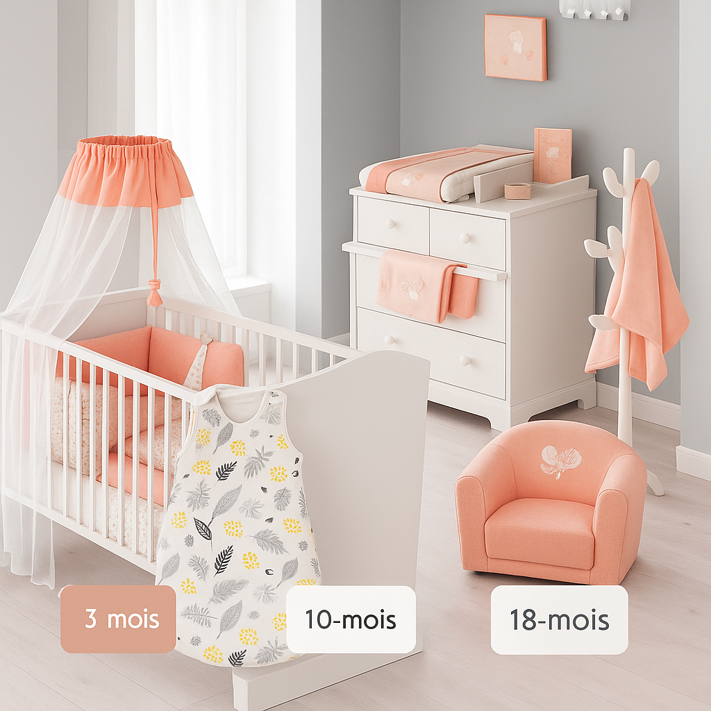 Présentation Turbulette en Coton Biologique - TendresRêves™ feuille dans une chambre d'enfant saumon