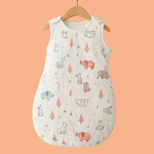 Turbulette en Coton Biologique - TendresRêves™  motif suspendue sur un cintre, fond uni couleur pêche 