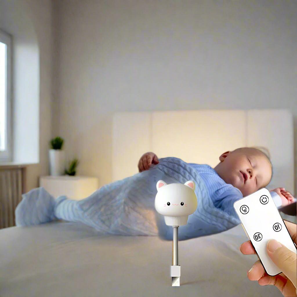 Un bébé dort paisilement éclairé" par la VEILLEUSE BEBE-SweetDream™-Chat et la maman tient la télécommande