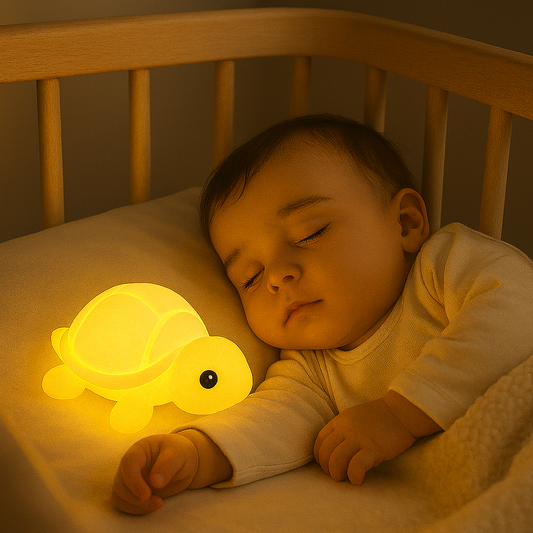 Bébé endormi dans son berceau avec veilleuse tortue Tortulia™ allumée, apaisante et rassurante pour la nuit.