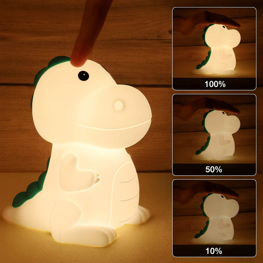 Veilleuse Bébé LED Dinosaure Rechargeable Tactile | DreamLight™ avec intensité réglable à 100%, 50% et 10%, lumière douce sécurisée sans BPA.