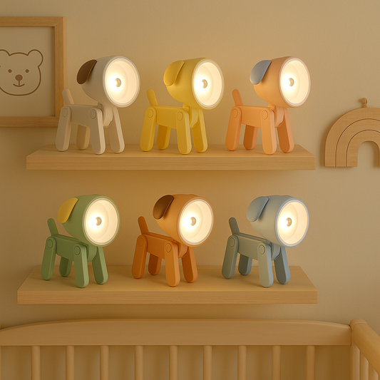 Collection de veilleuses bébé chien Lumidog™ déclinées en 6 couleurs sur étagère de chambre bébé