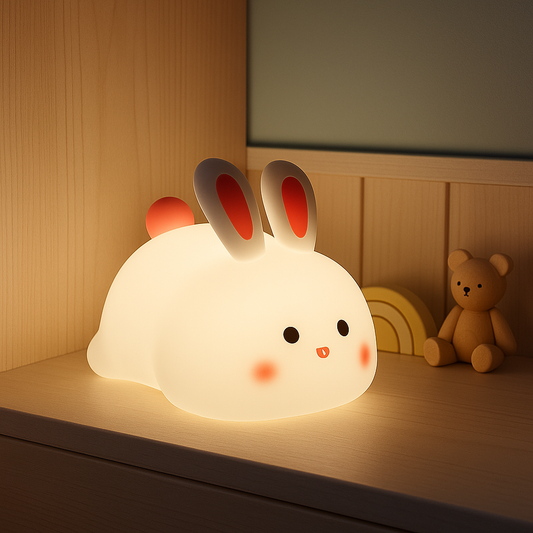 Veilleuse en forme de lapin blanc lumineux, posée sur une étagère beige épurée, créant une ambiance douce et apaisante dans la chambre de bébé.