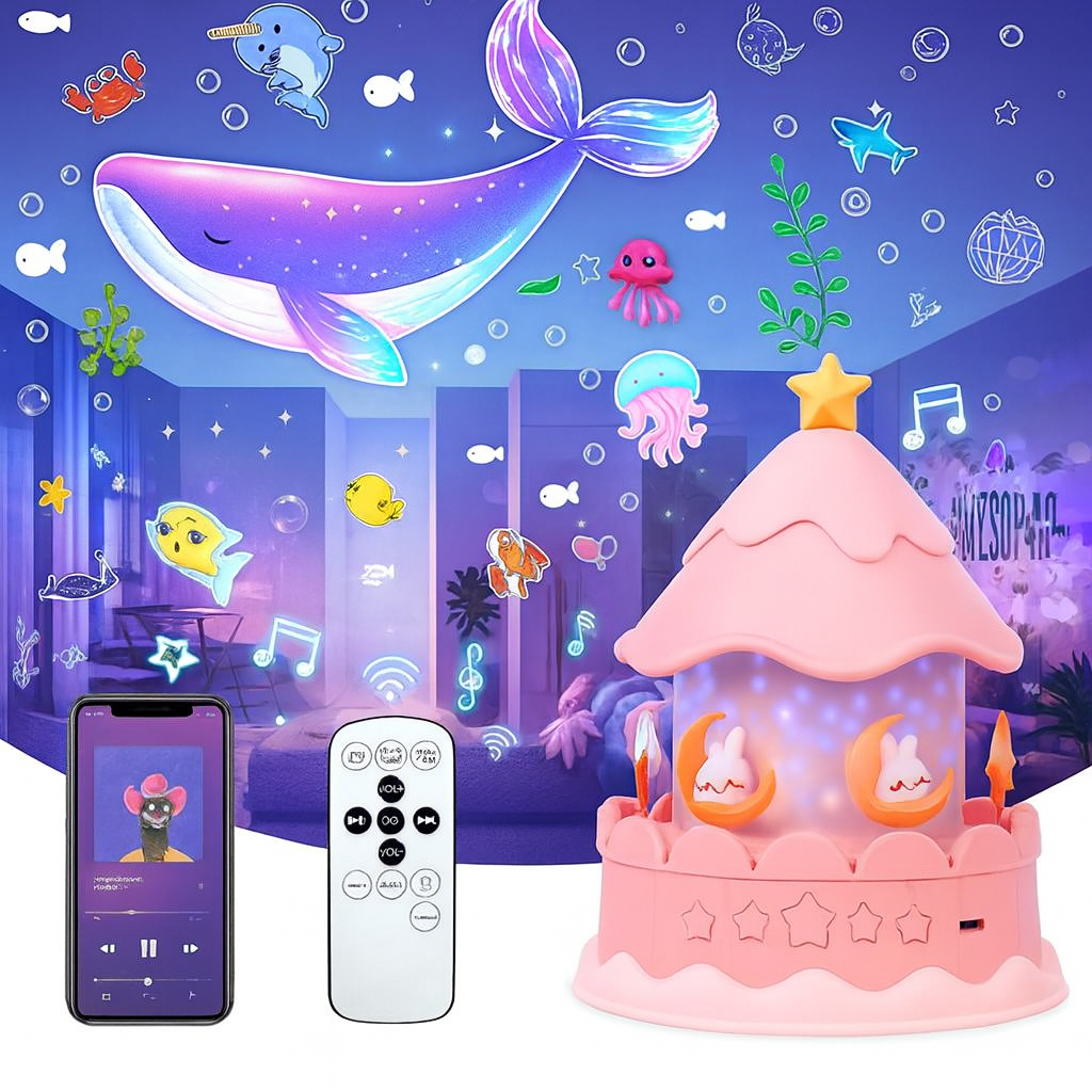 Veilleuse bébé avec projection sous-marine, affichant une baleine et des animaux marins dans une chambre violette, avec télécommande et téléphone posés devant.