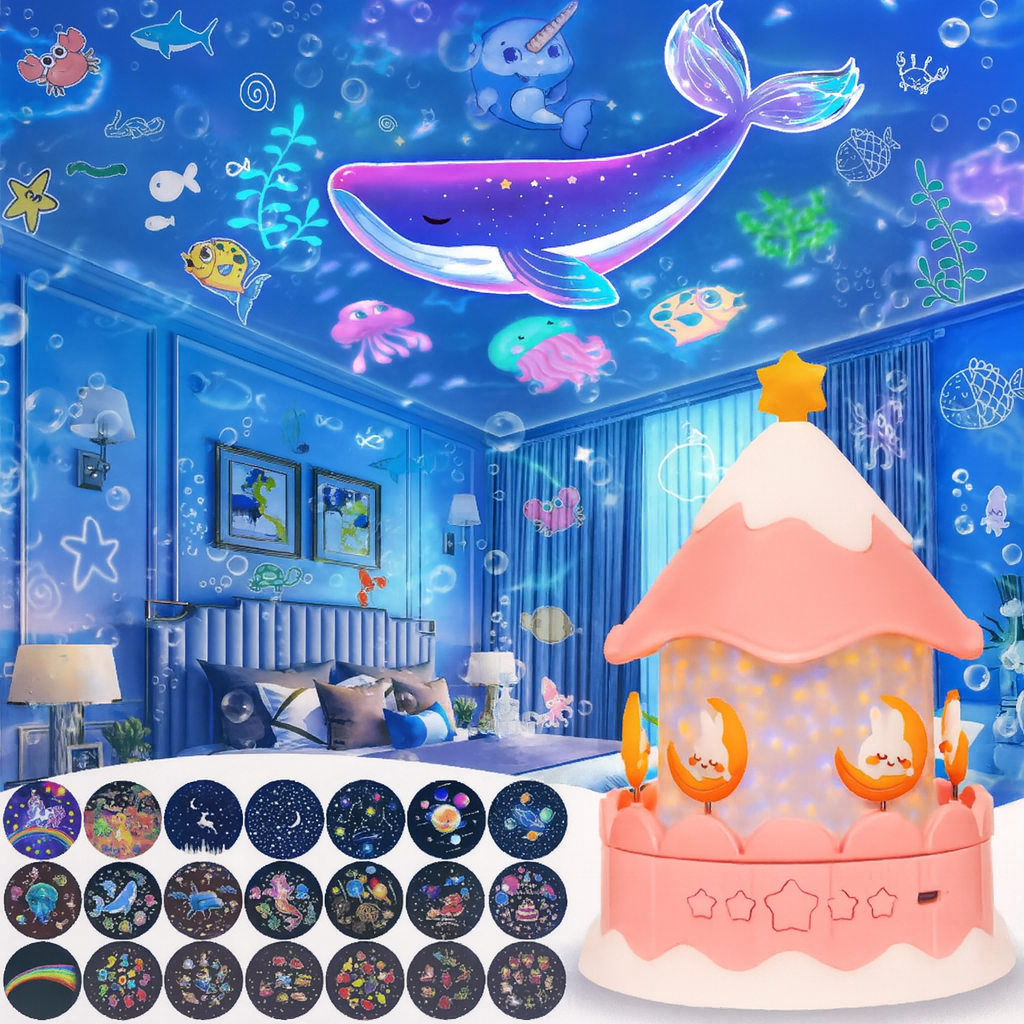 Veilleuse bébé avec projection sous-marine illuminant une chambre d’enfant de couleurs bleues avec baleine et animaux marins au plafond.