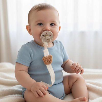 Attache tétine ours beige avec tête d’ours brun clair