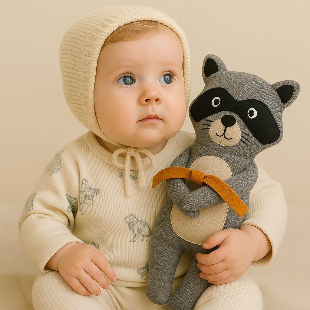 Bebe caucasien assis tenant un doudou raton laveur en coton bio NaturaDoux dans une ambiance douce et scandinave